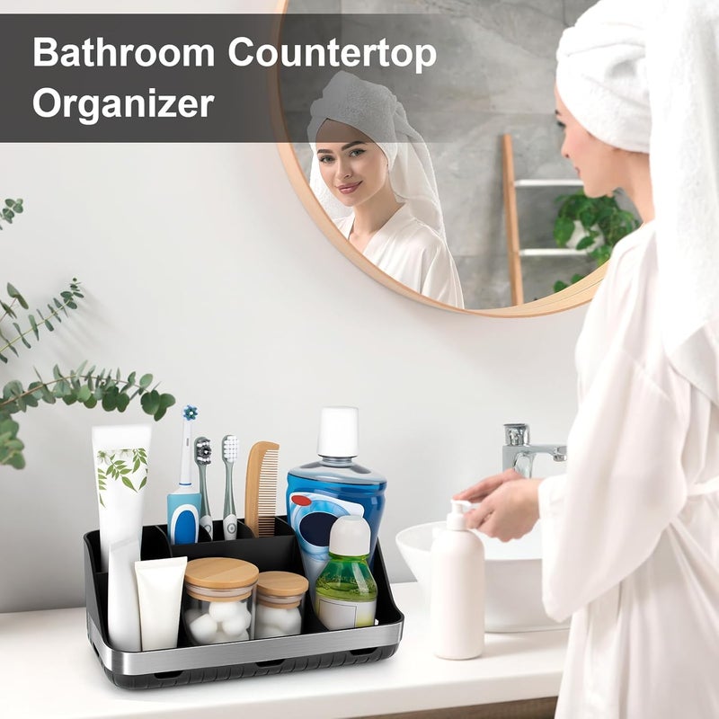 GFWARE Black Toothbrush Holder - 7 Slots Bathroom Organizer Countertop with Drainage Matte Black Electric Toothbrush and Toothpaste Holder for Bathroom Accessories Sink Storage - Image 2